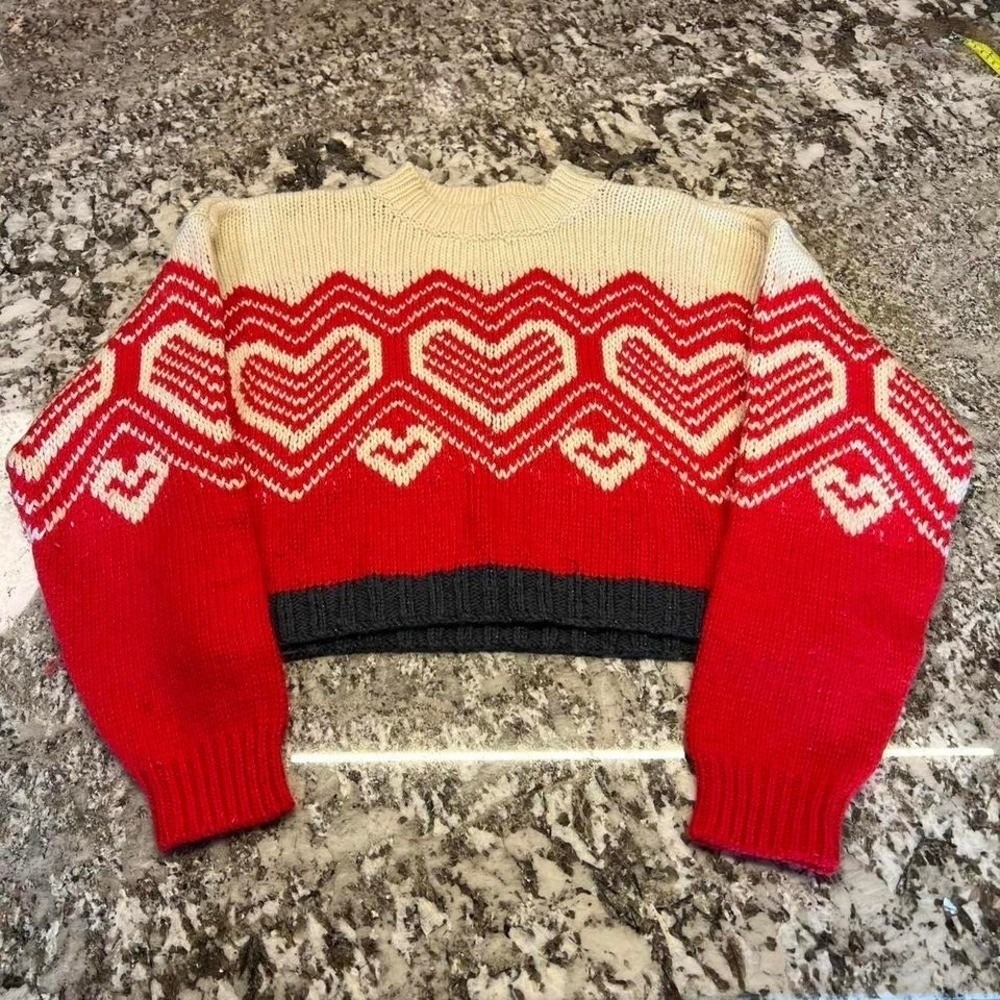 Free People Vintage 2000s Heart Fair Isle Cropped Sweater Red Cream S/P